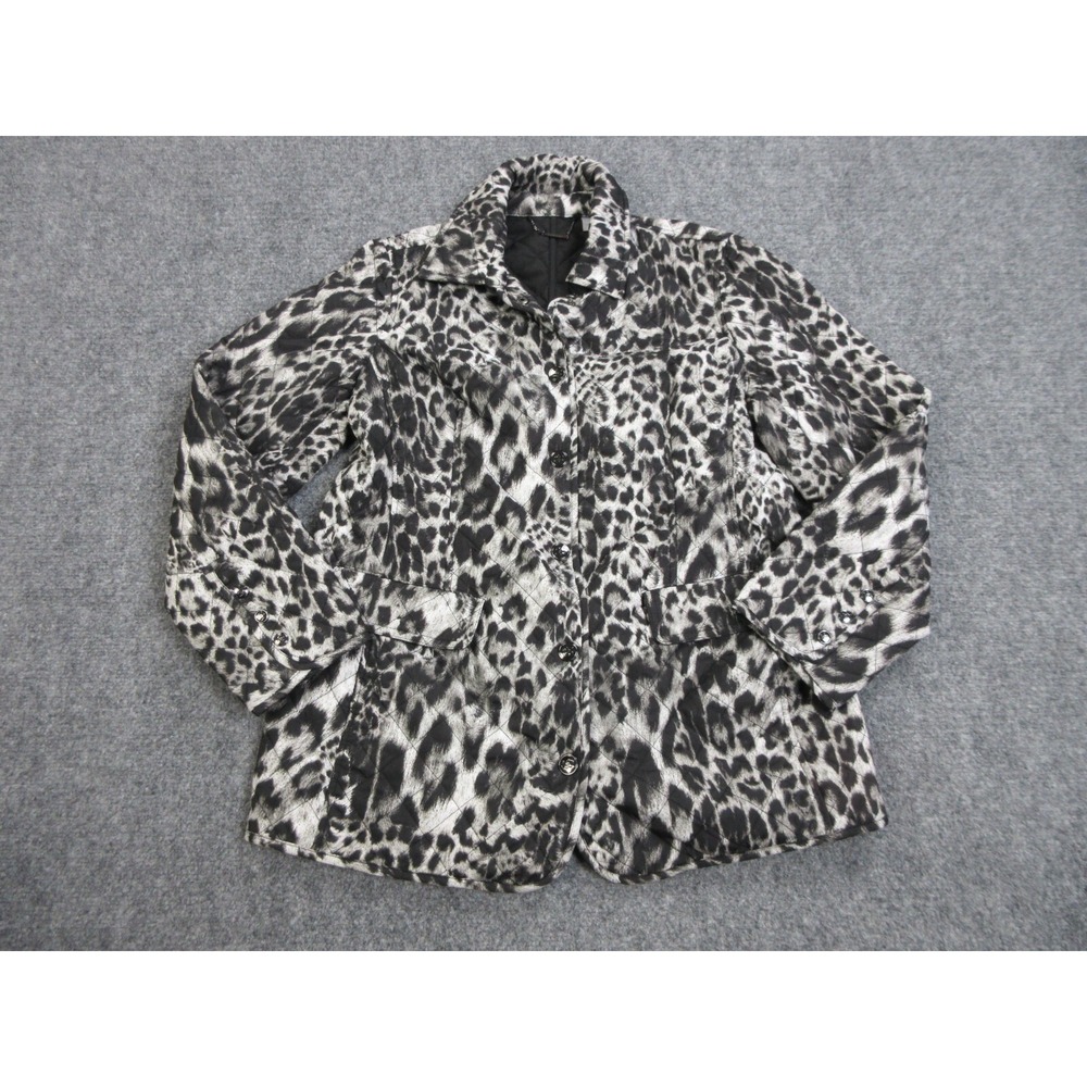 Chicos Quilted Jacket Womens Medium Gray Leopard Animal Print Button Front